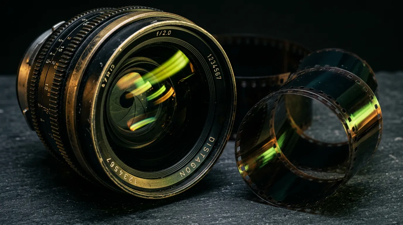 Vintage cinema lens next to a roll of 35mm film