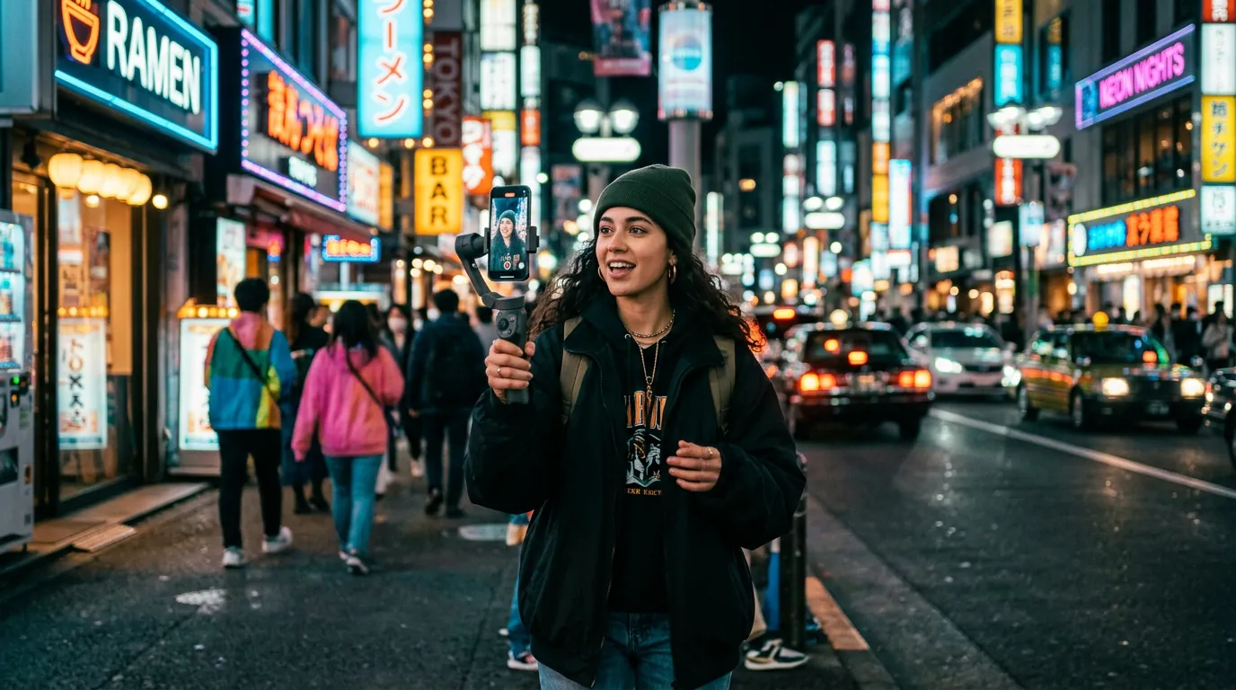 Content creator filming a vertical video in a neon-lit street at night