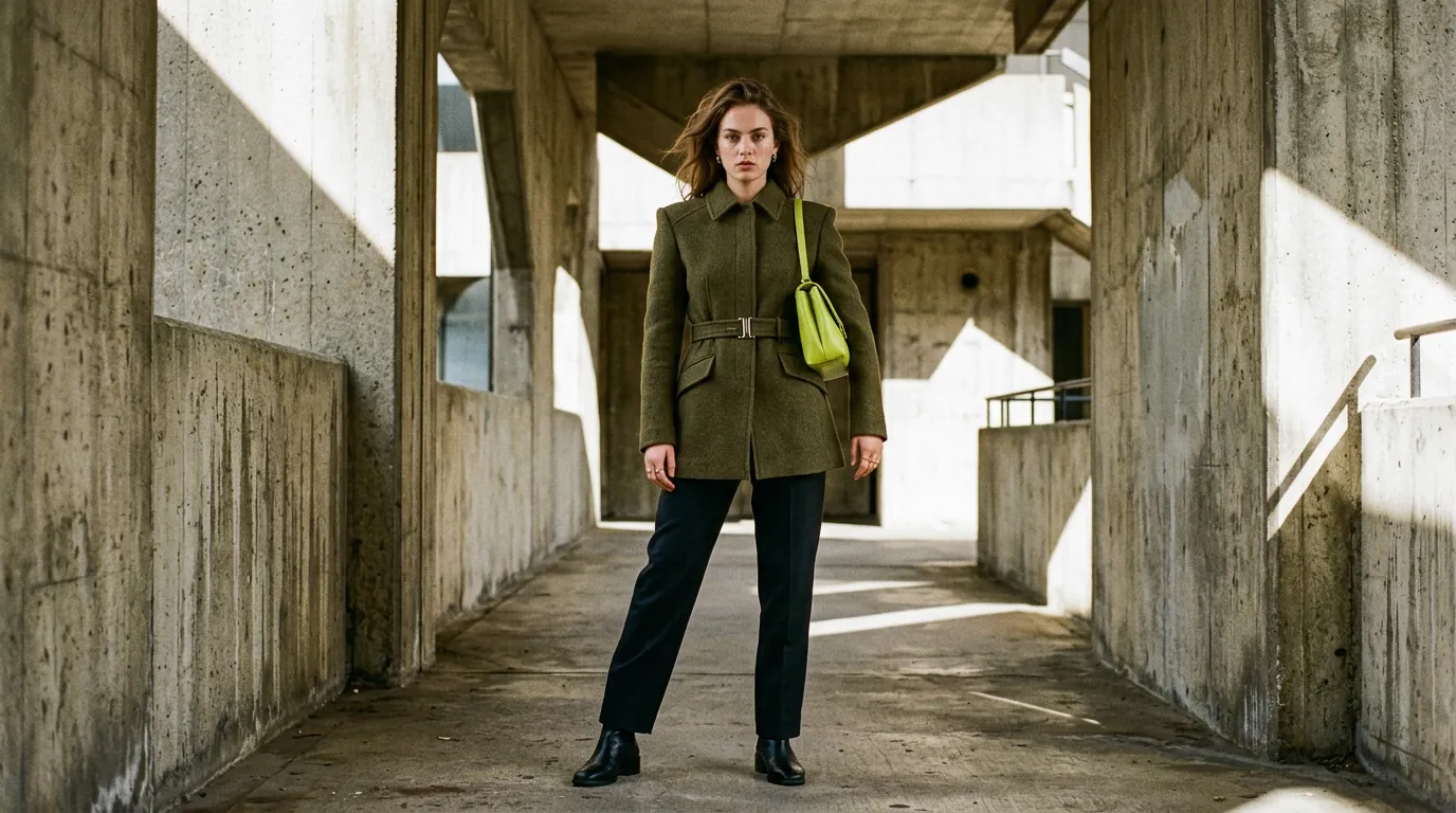 Fashion portrait of a woman in an olive coat in a concrete corridor