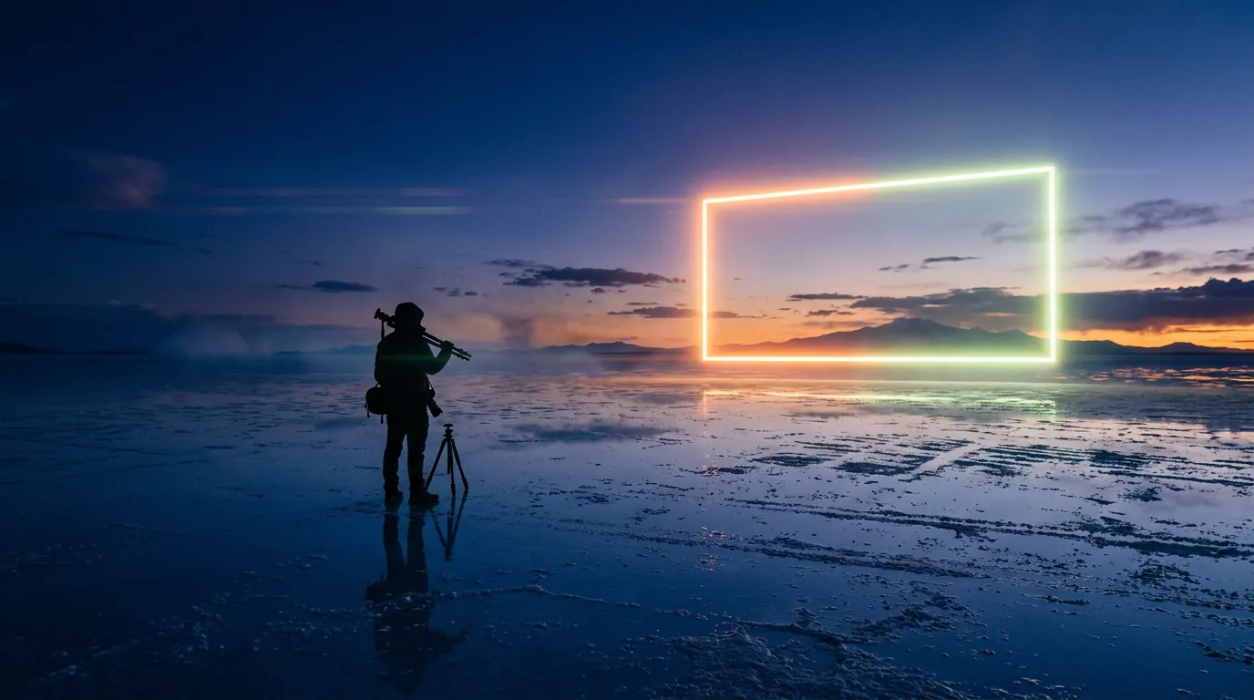 Filmmaker silhouette on a reflective salt flat under a glowing frame