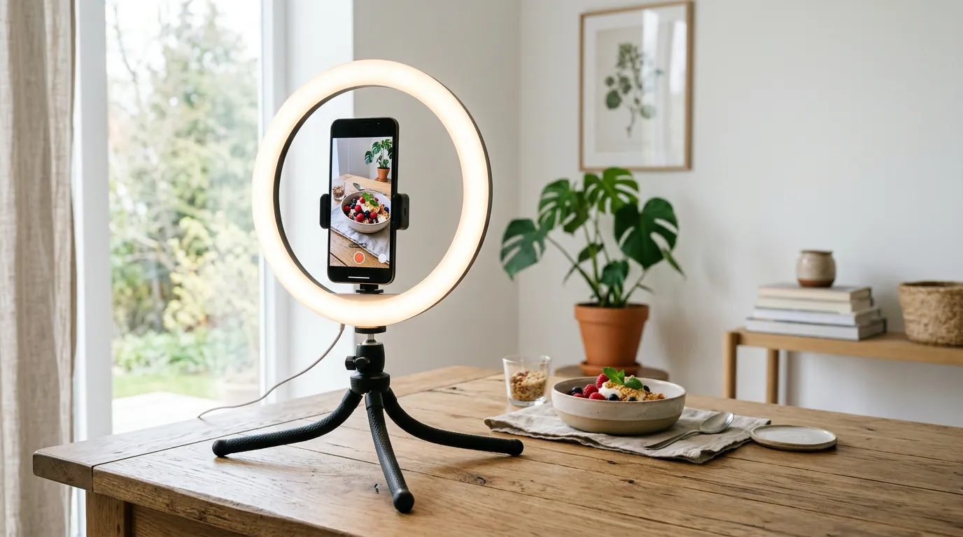 Smartphone on a tripod with a ring light in a bright home studio