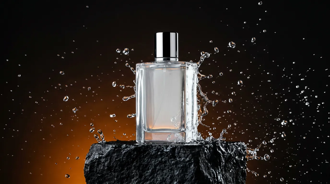 Glass perfume bottle on black stone with water splashes, studio lighting