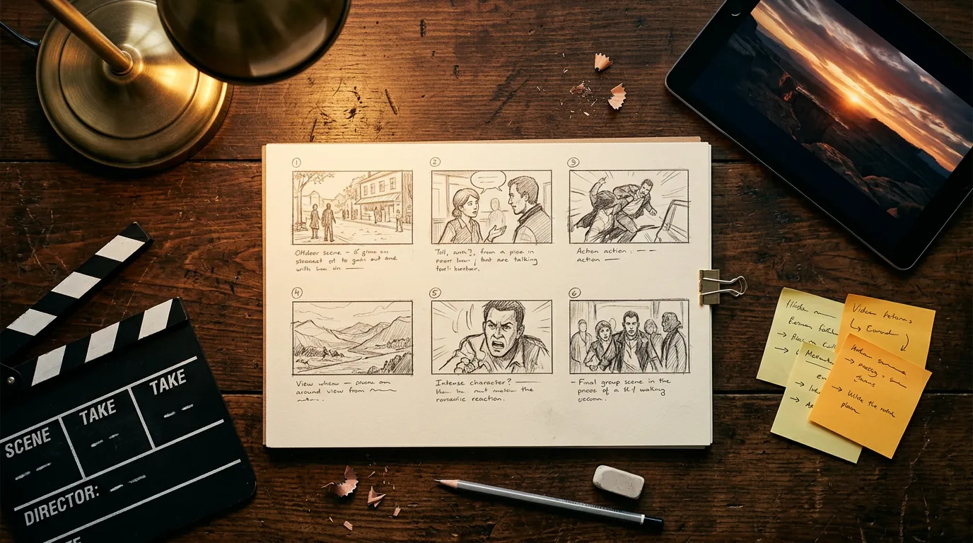 Hand-drawn storyboard, clapperboard and tablet on a wooden desk