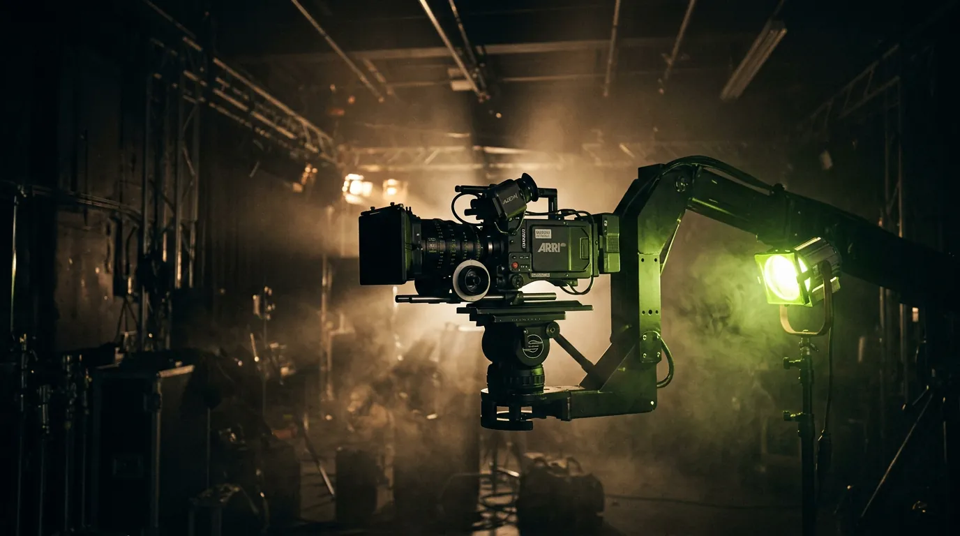 Cinema camera on a crane in a foggy studio lit in lime green